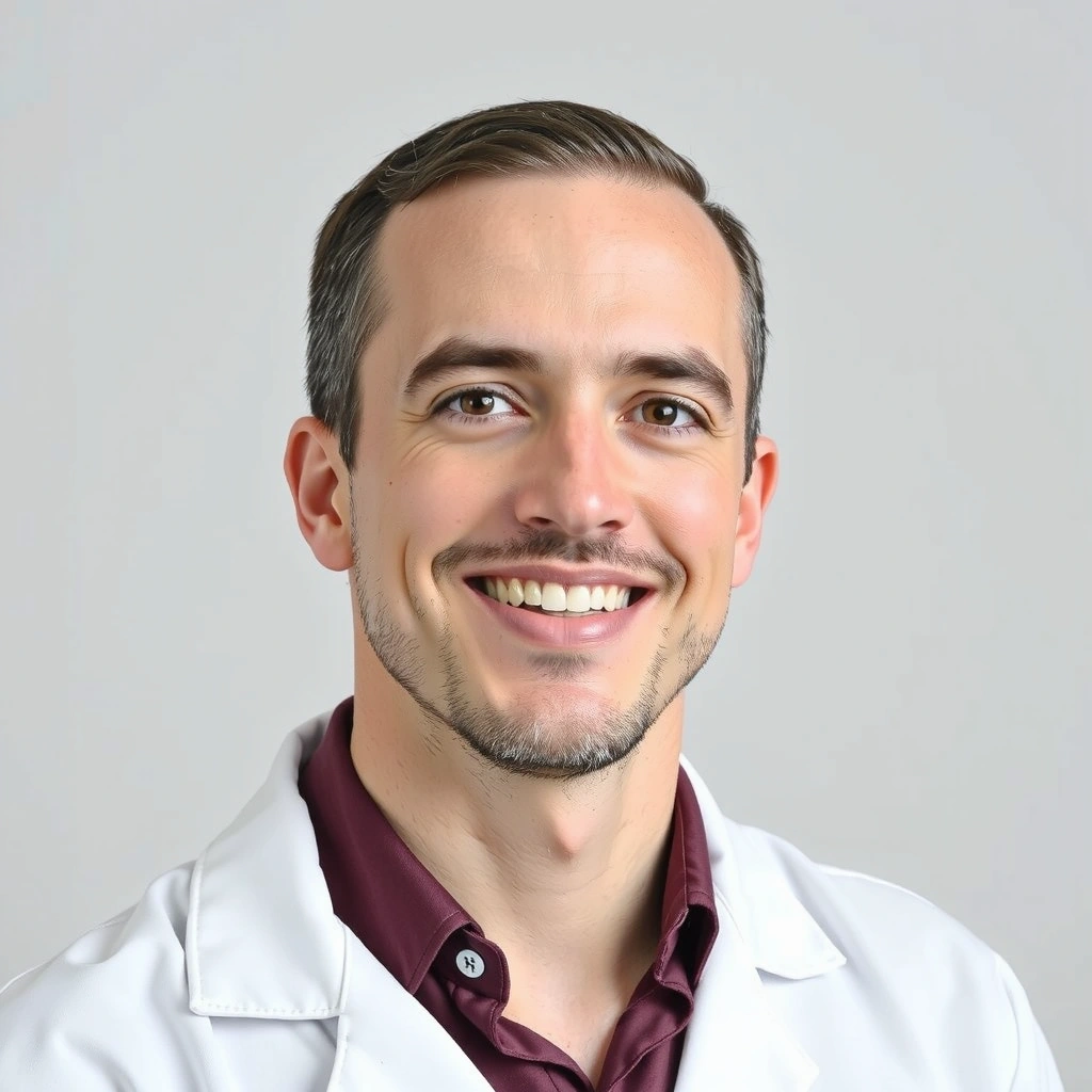 Profesjonalne zdjęcie uśmiechniętego farmaceuty, z neutralnym tłem, bez tekstu.