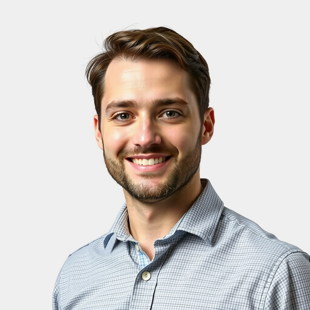 Profesjonalne zdjęcie uśmiechniętego eksperta ds. kontroli jakości, z neutralnym tłem, bez tekstu.