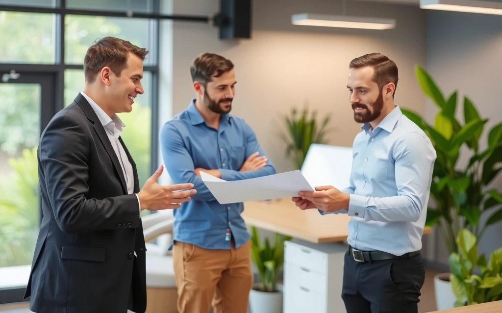 Zdjęcie przedstawiające założycieli Naturalnezdrowieetc, dyskutujących nad planami rozwoju w nowoczesnym, ekologicznym biurze, z zielonymi roślinami w tle.